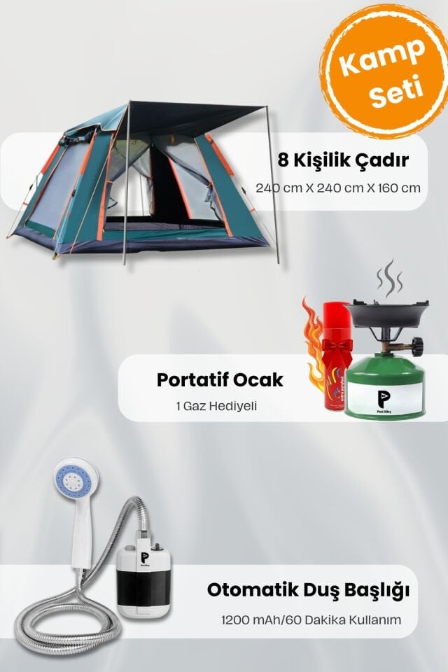 8 kişilik kamp seti çadır + kamp ocağı ve otomatik duş başlığı
