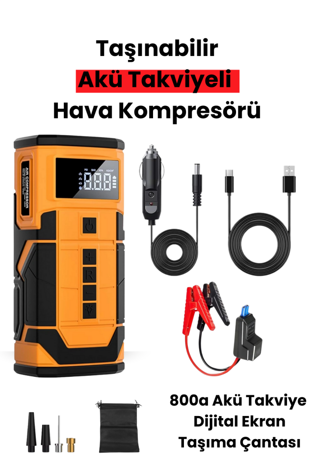 Akü Takviyeli Lastik Şişirme Kompresörü 8000 mAh