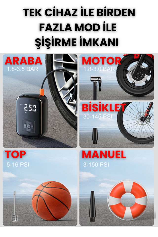 Taşınabilir Araba Hava Pompası 150PSI Hava Oto kompresörü 3600mAh Kablosuz LED Şarjlı Lastik Şişirme