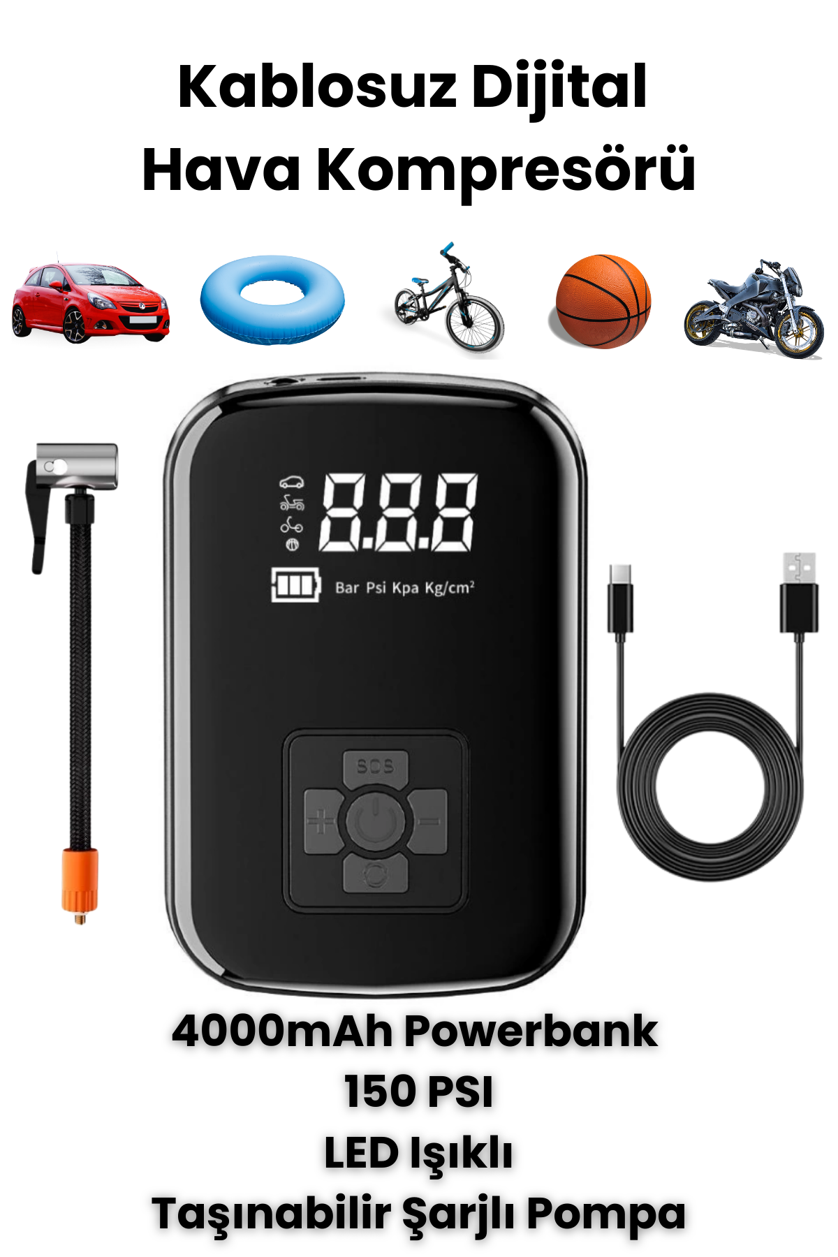 Taşınabilir Araba Hava Pompası 150PSI Hava Oto kompresörü 3600mAh Kablosuz LED Şarjlı Lastik Şişirme