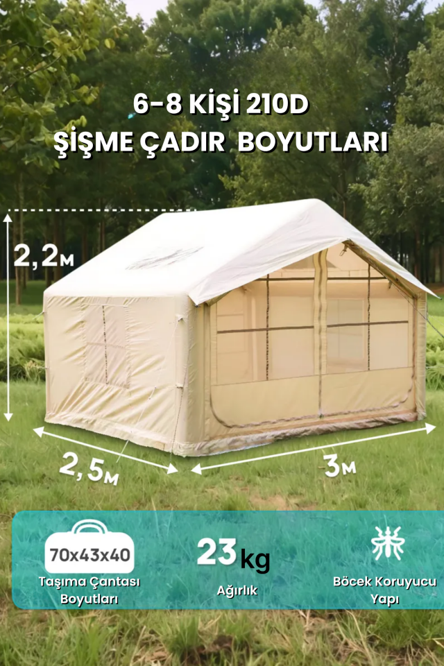 4 Mevsim Kullanım Şişme Kamp Çadırı Yüksek ve Cam Tavanlı (6-8 Kişilik) 300x250x220cm