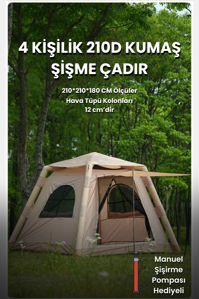 4 Kişilik Tenteli Şişme Çadır 210D Kumaş (Şişirme Pompası Hediye)