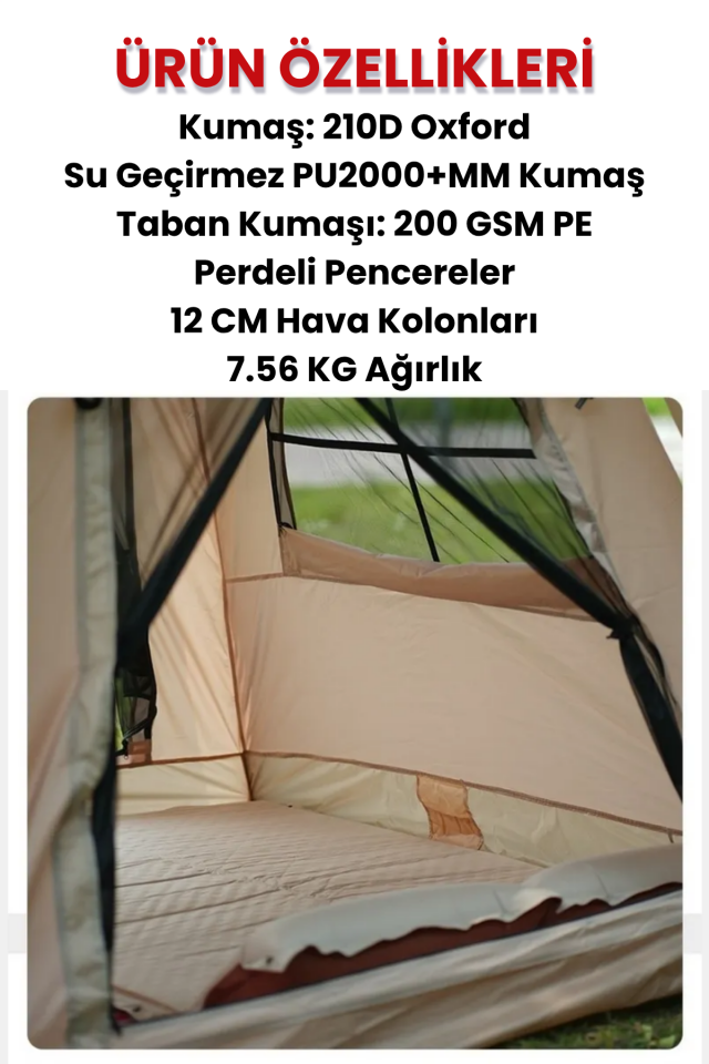 4 Kişilik Tenteli Şişme Çadır 210D Kumaş (Şişirme Pompası Hediye)