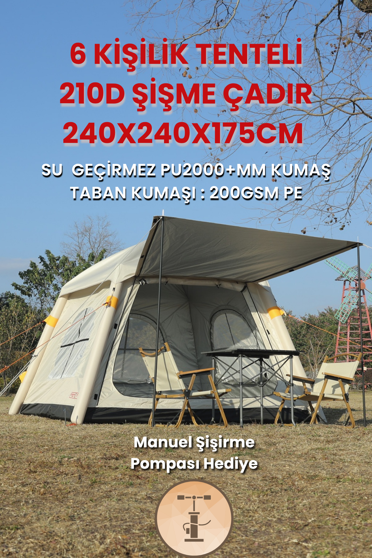 6 Kişilik Şişme Pratik Tenteli Kamp Çadırı (240x240x175)