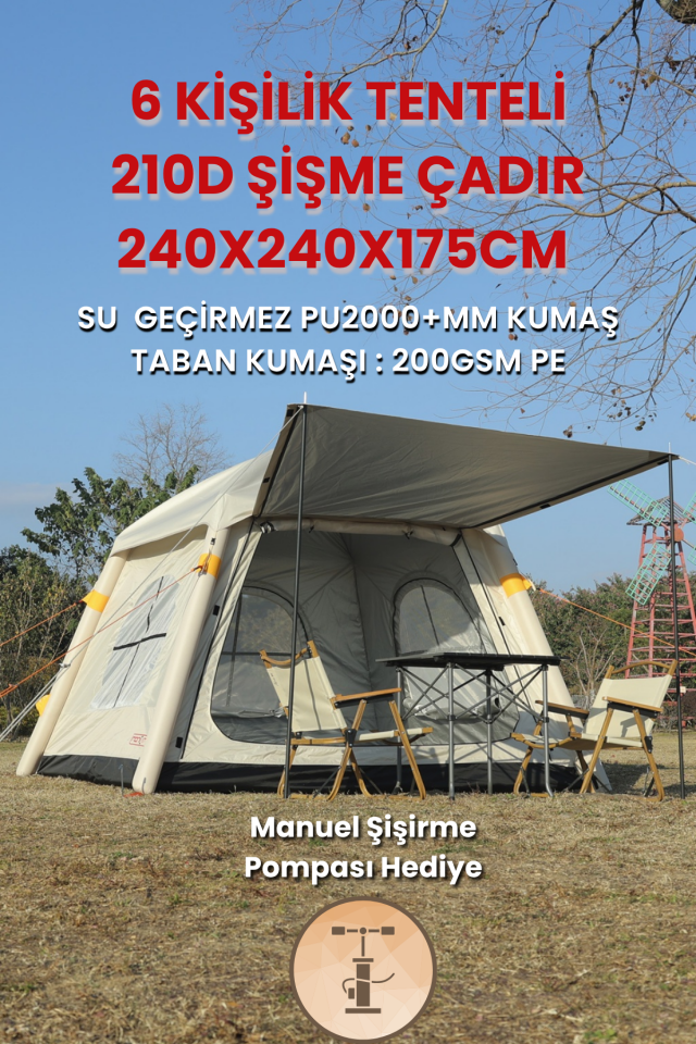 6 Kişilik Şişme Pratik Tenteli Kamp Çadırı (240x240x175)